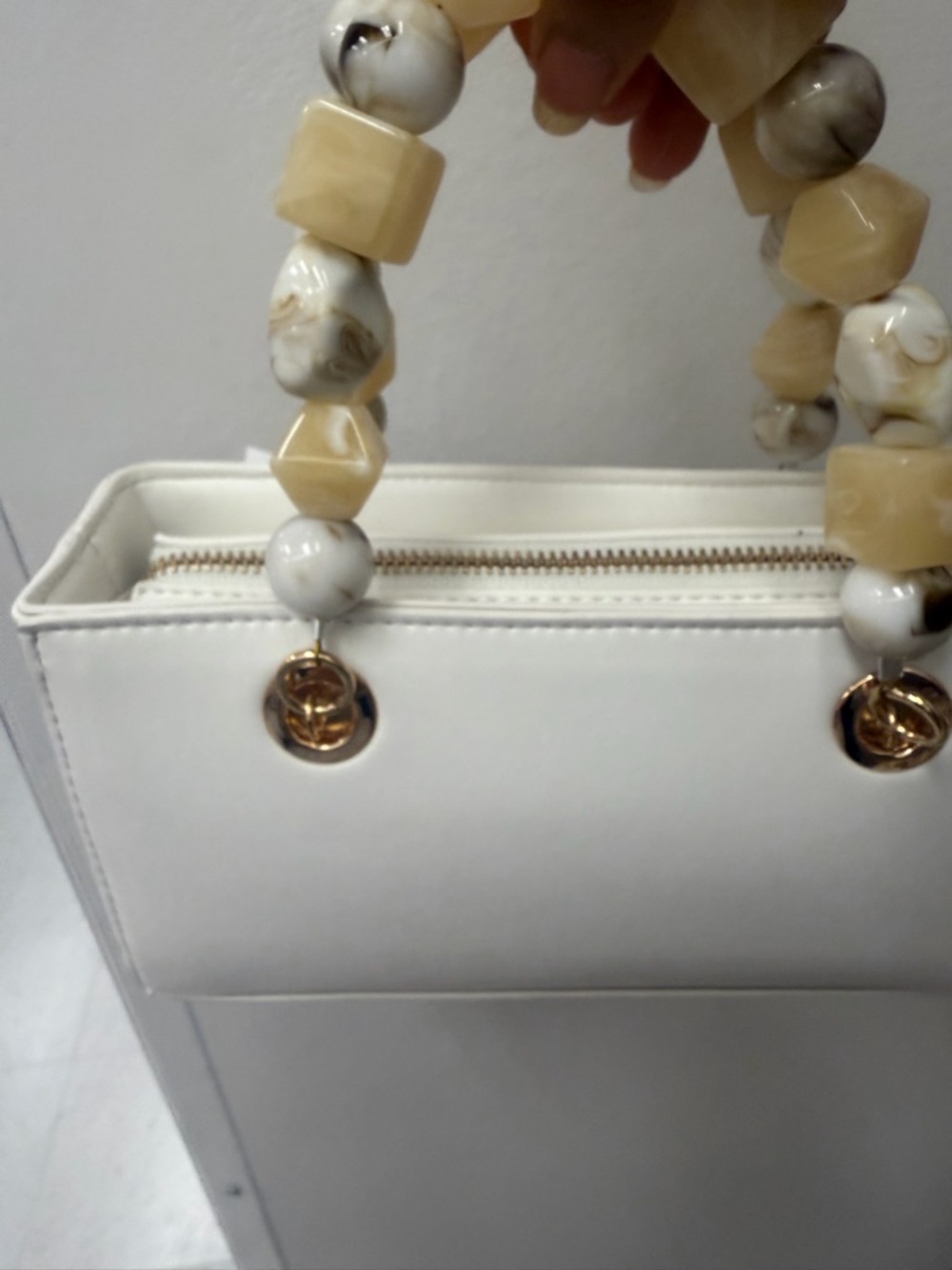 White Tote Bag with Beige Beaded Handles